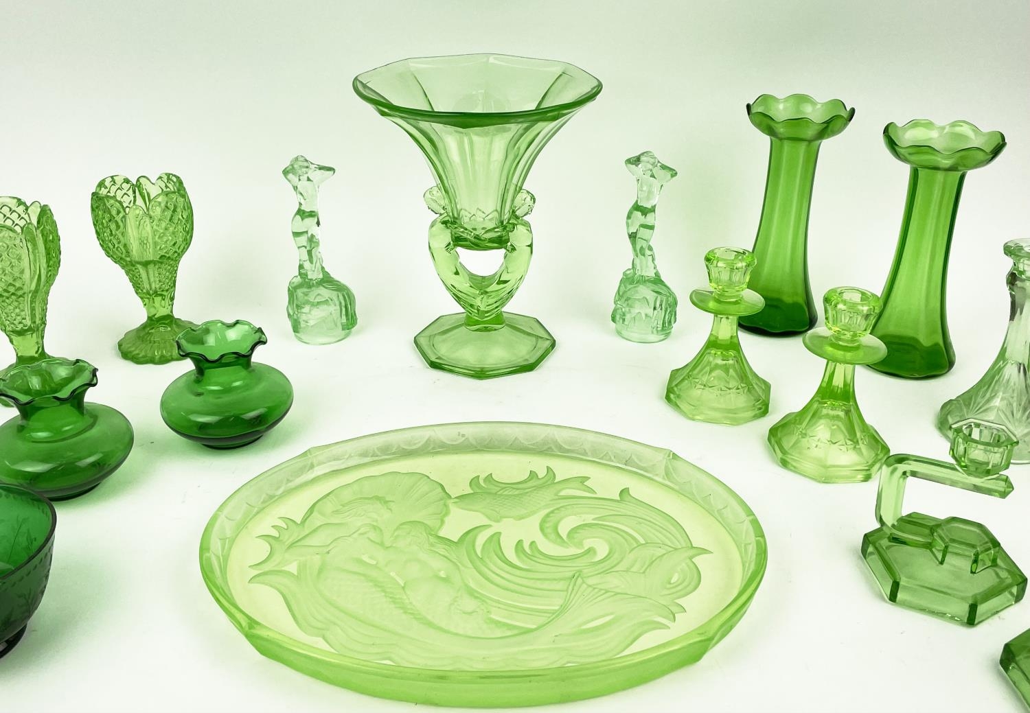 QUANTITY OF GREEN URANIUM GLASS, three pairs of candlesticks, a large figural vase, a mermaid - Image 4 of 16
