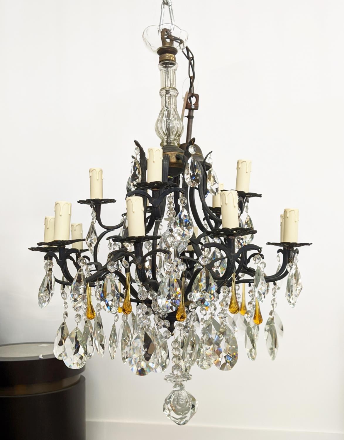 CHANDELIER, patinated metal with clear and amber glass drops from fifteen lights, 60cm W x 114cm - Image 6 of 18