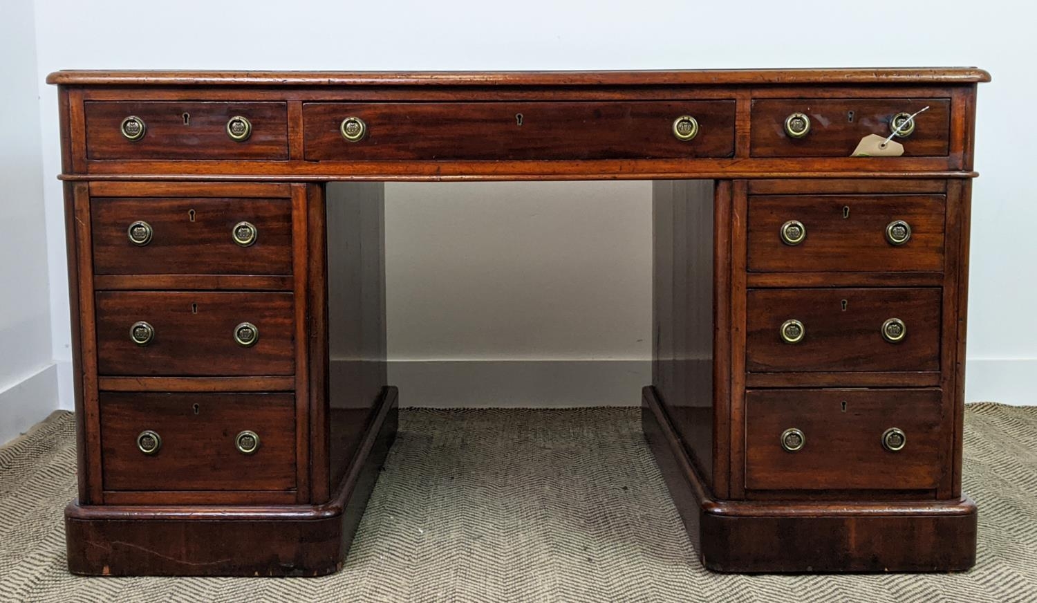 PEDESTAL DESK, Victorian mahogany with a tooled inlaid green leather top over nine drawers, 140cm - Bild 8 aus 18