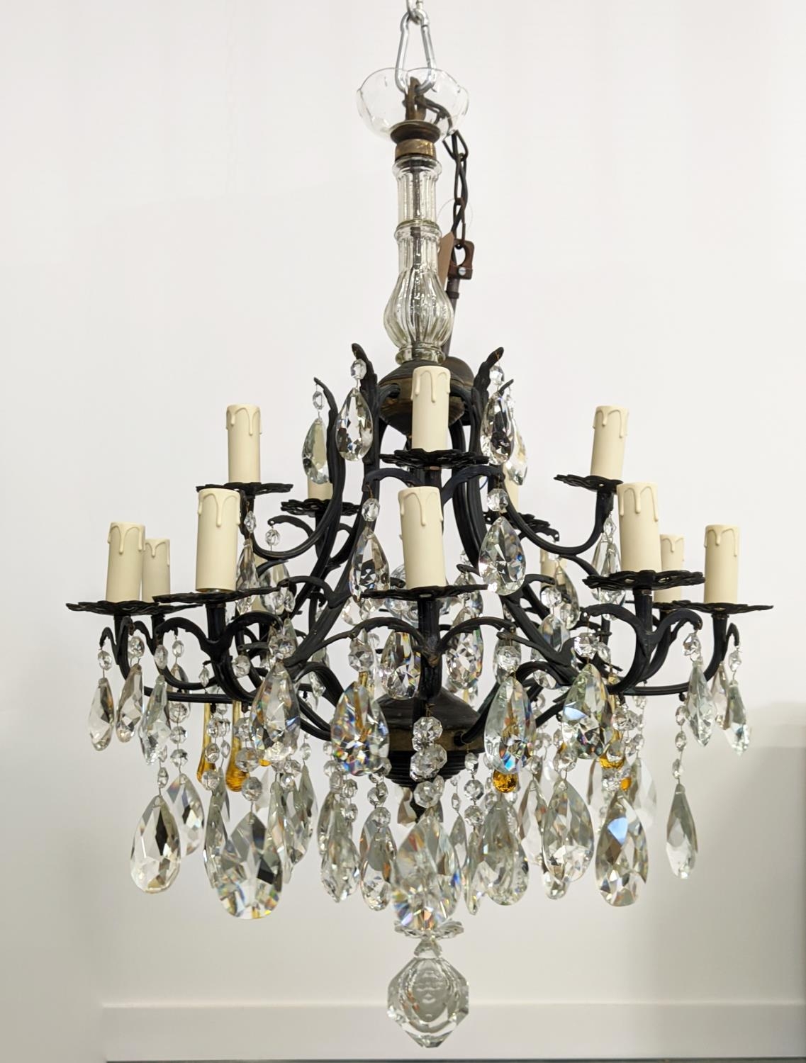 CHANDELIER, patinated metal with clear and amber glass drops from fifteen lights, 60cm W x 114cm - Image 3 of 18
