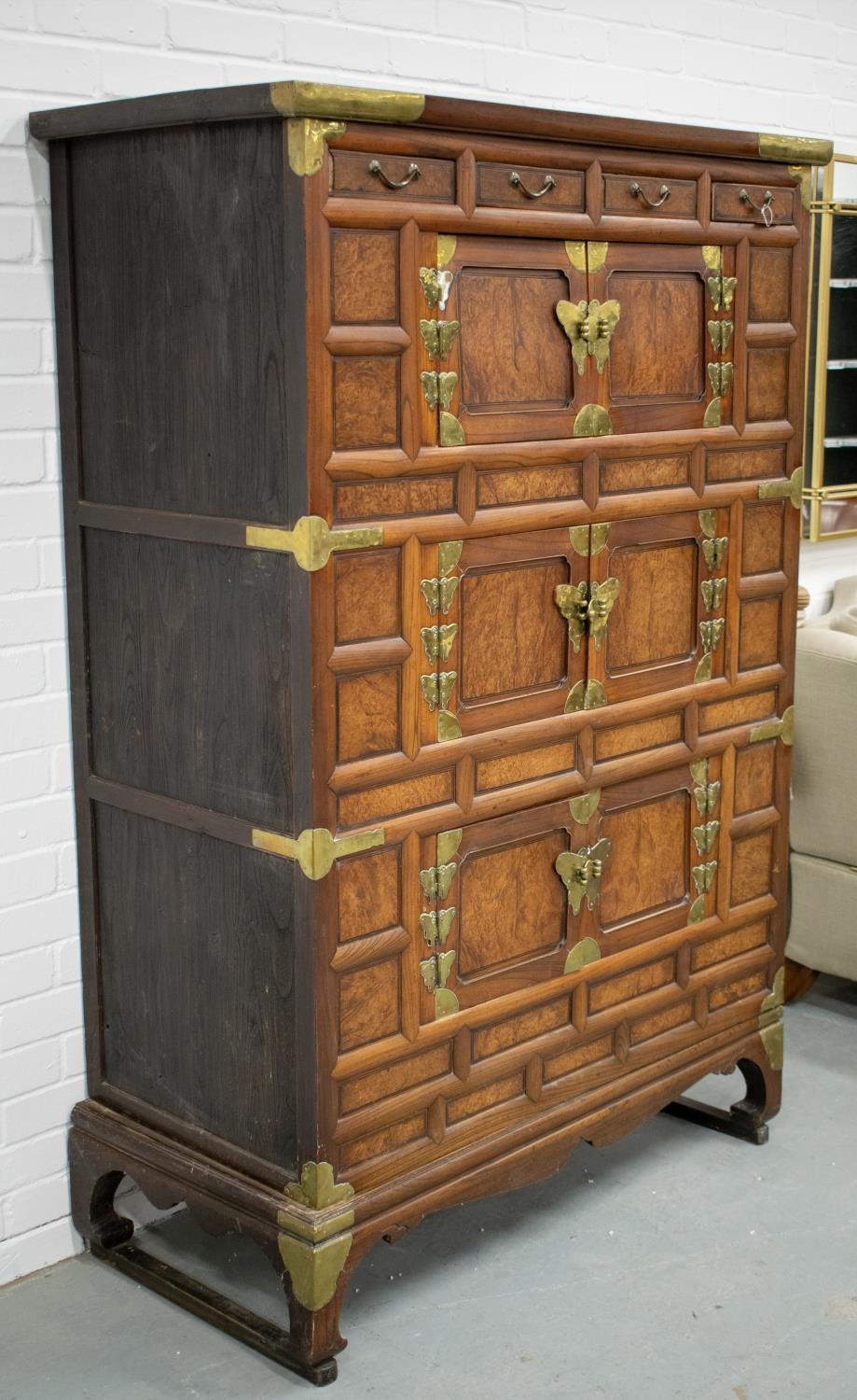 CABINET ON STAND, 19th century Korean burr elm, elm and brass mounted with four drawers above six - Image 2 of 4