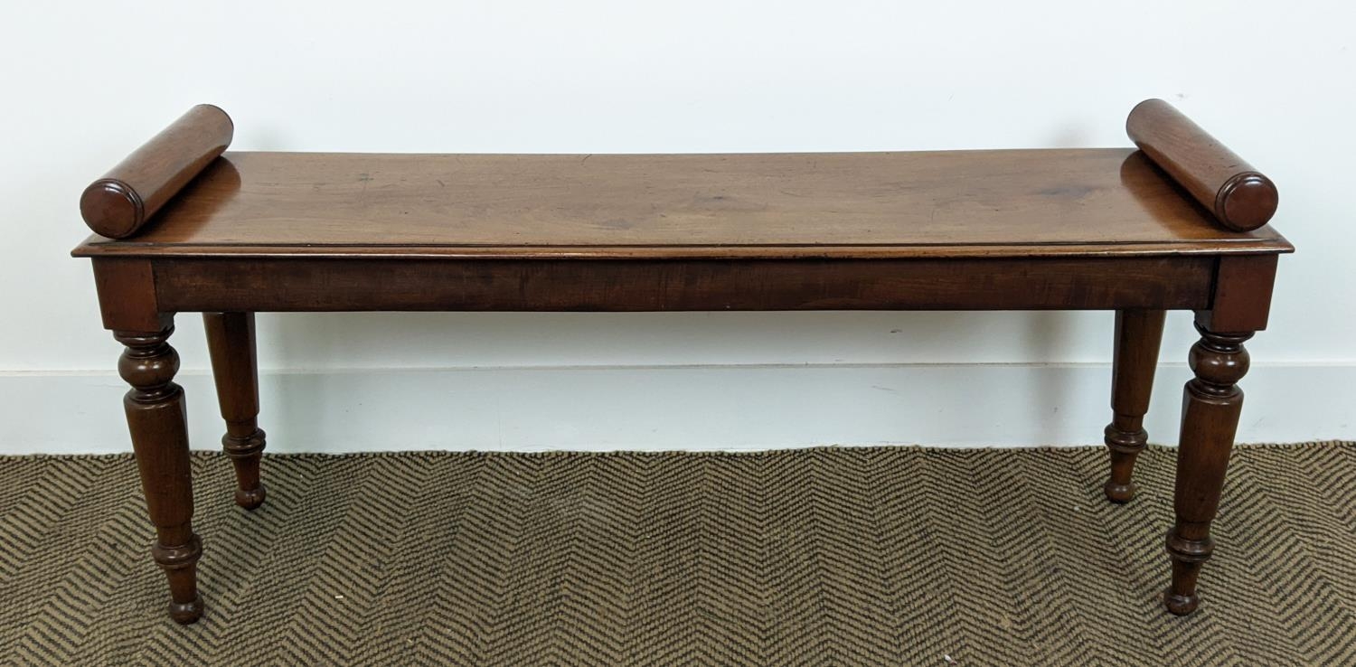 HALL BENCH, Victorian and later mahogany with turned supports, 113cm L x 32cm D x 52cm H.