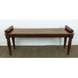 HALL BENCH, Victorian and later mahogany with turned supports, 113cm L x 32cm D x 52cm H.