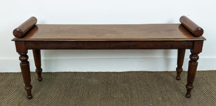 HALL BENCH, Victorian and later mahogany with turned supports, 113cm L x 32cm D x 52cm H.