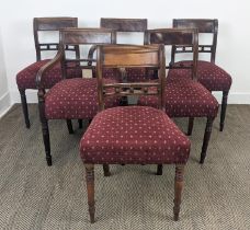 DINING CHAIRS, a set of six, Regency mahogany including two armchairs with burgundy patterned