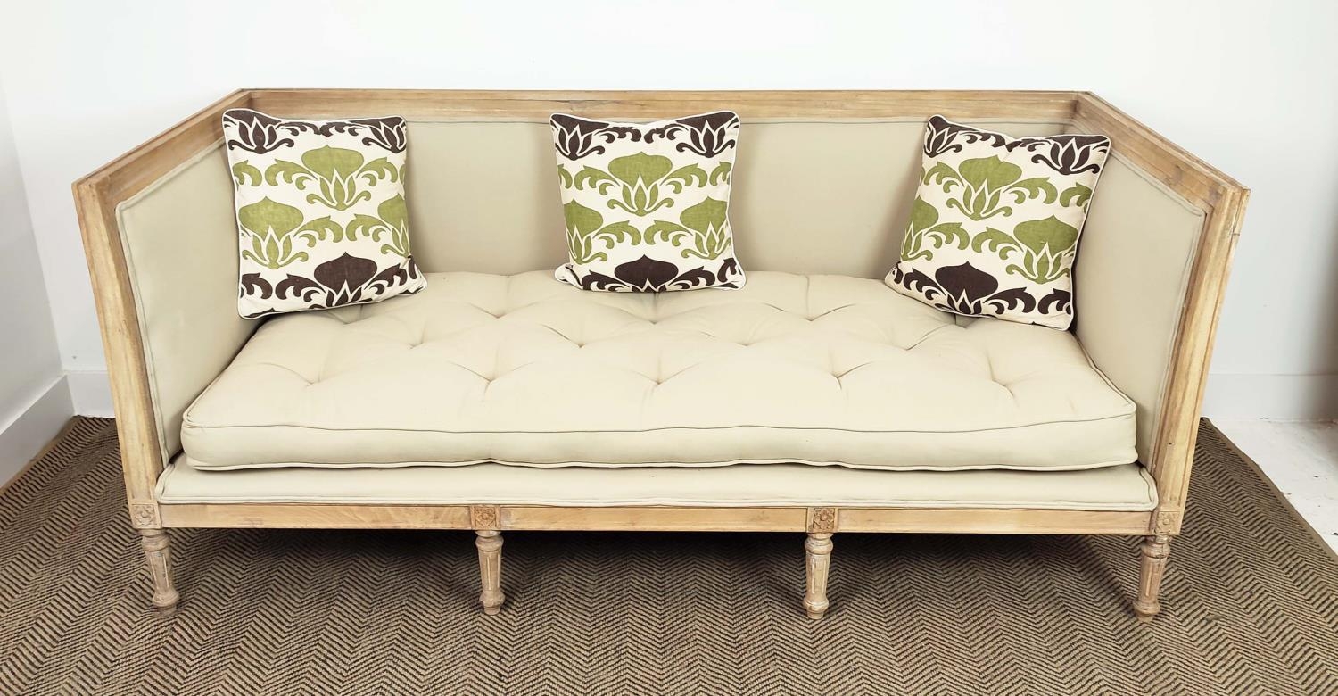 SOFA, Louis XVI style bleached cherrywood in neutral upholstery with squab and scatter cushions on