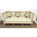 SOFA, Louis XVI style bleached cherrywood in neutral upholstery with squab and scatter cushions on