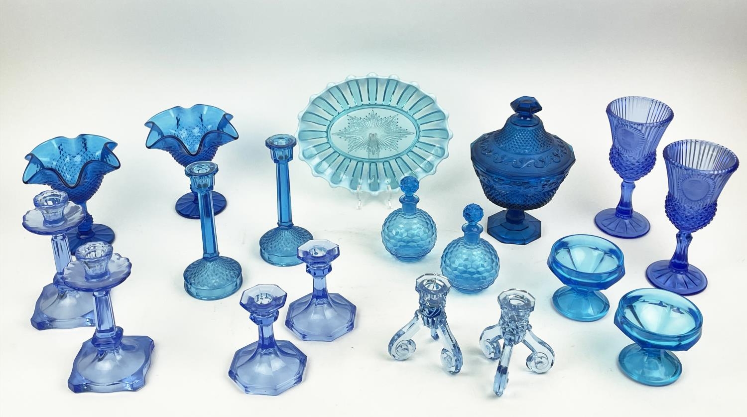 QUANTITY OF BLUE URANIUM GLASS, comprising four pairs of candlesticks, two pairs of icecream - Image 2 of 12