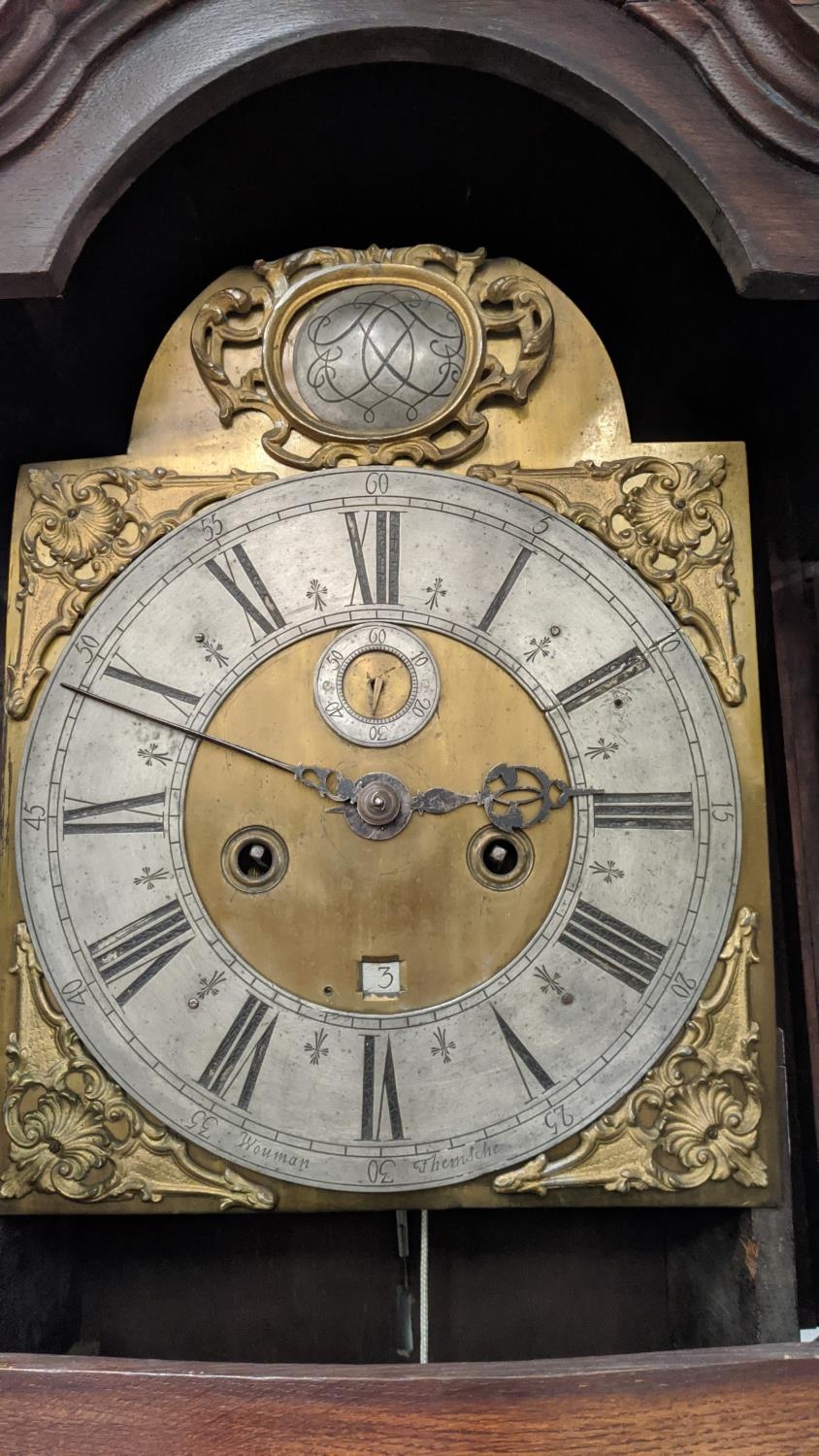 LONGCASE CLOCK, 18th century Flemish, eight day movement, silvered chapter dial, inscribed Wouman - Image 6 of 12