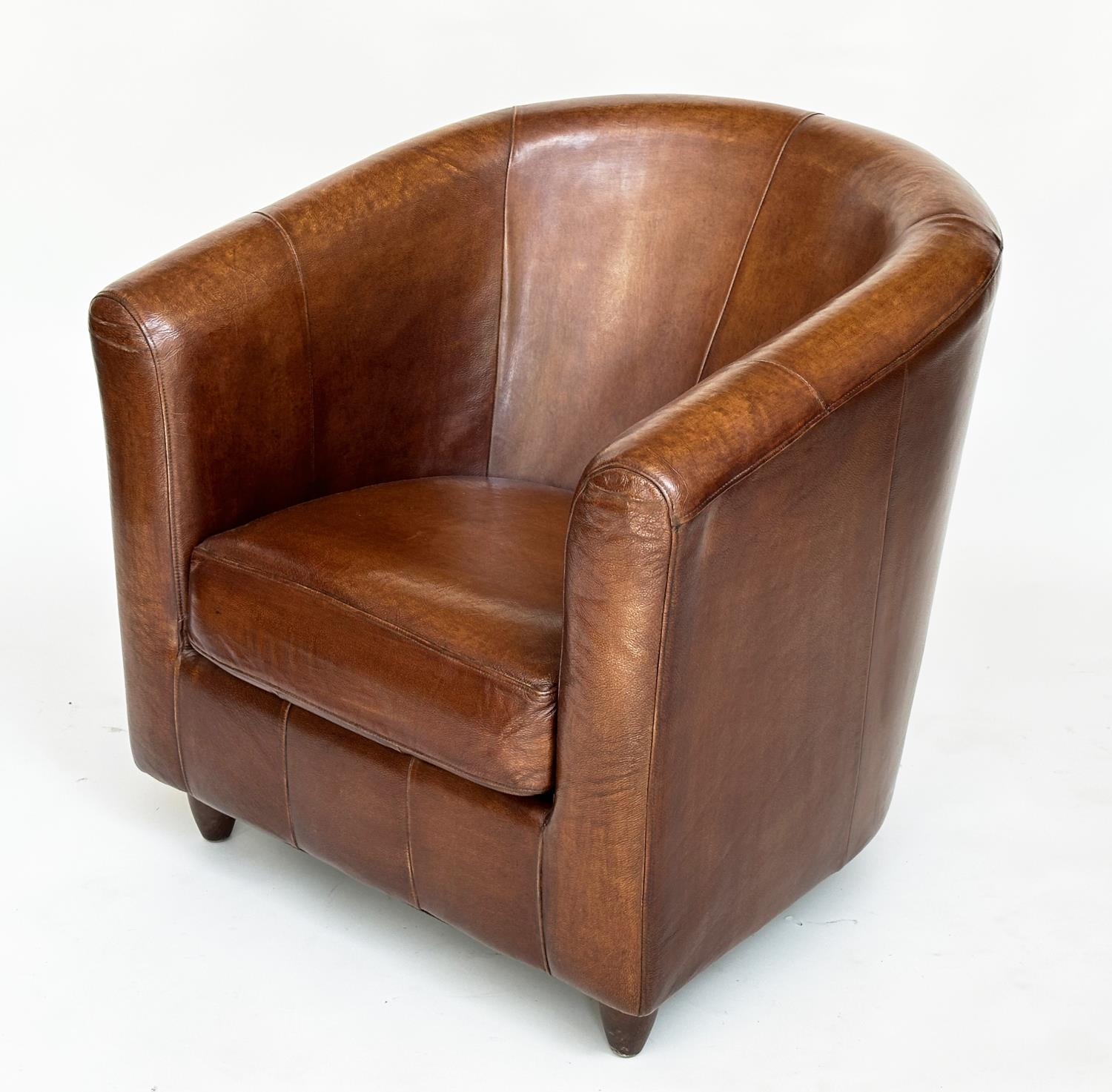 TUB ARMCHAIRS, a pair, natural soft mid brown leather upholstered with rounded backs, 78cm W. (2) - Image 11 of 12