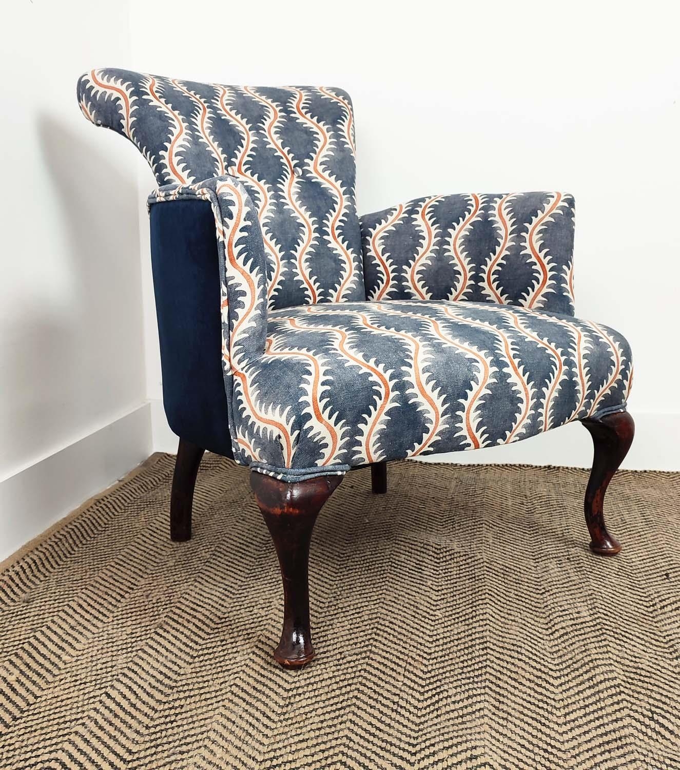 ARMCHAIR, Edwardian upholstered in patterned fabric and navy blue velvet, 74cm H x 62cm. - Image 3 of 12