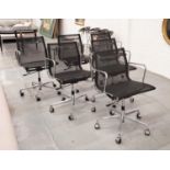 AFTER CHARLES AND RAY EAMES ALUMINIUM GROUP STYLE CHAIRS, a set of six, mesh seats and backs on