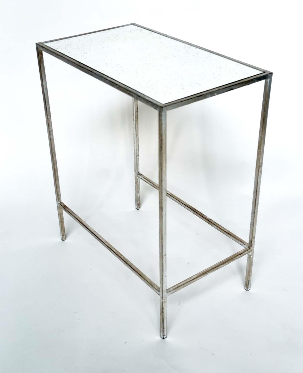 SIDE TABLES, a pair, French style, rectangular antique style leaf silvered metal framed and mirror - Image 6 of 6