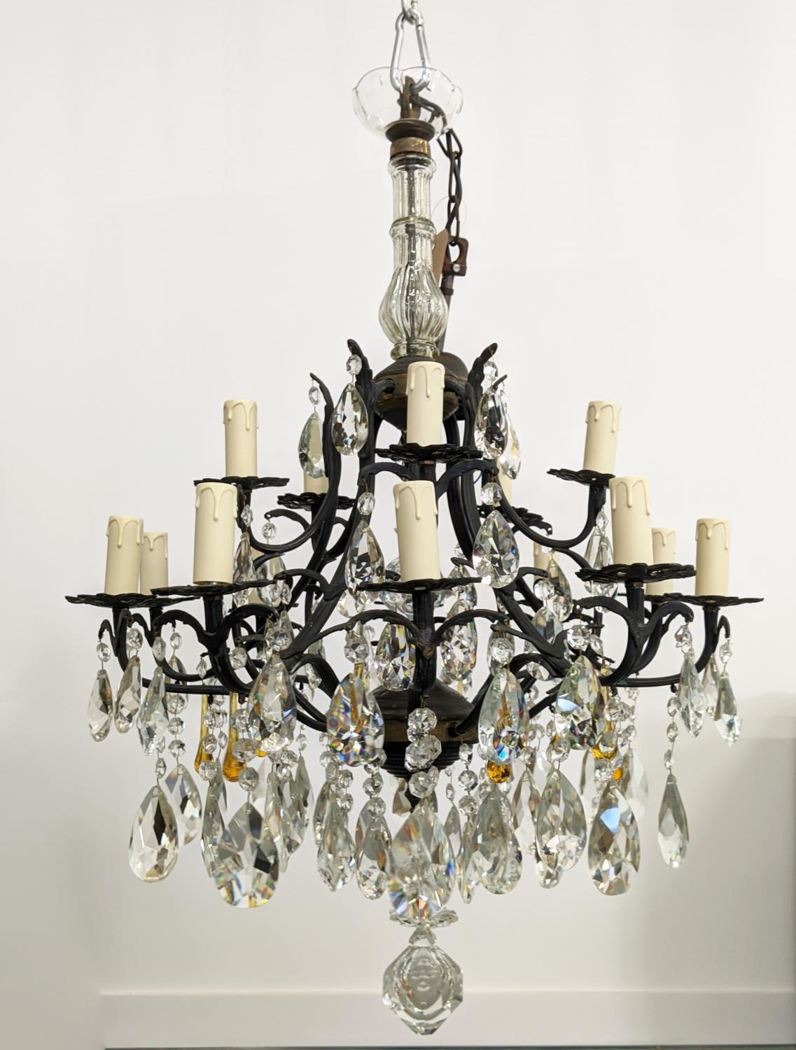 CHANDELIER, patinated metal with clear and amber glass drops from fifteen lights, 60cm W x 114cm - Bild 4 aus 18