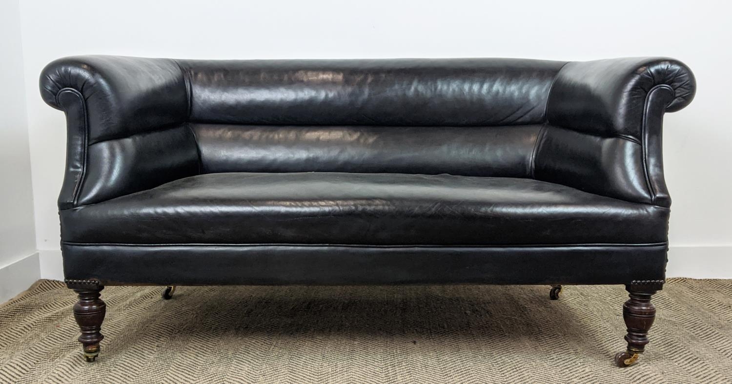 CHESTERFIELD SOFA, Victorian mahogany in black leather on ceramic castors, 76cm H x 157cm x 82cm. - Image 3 of 16