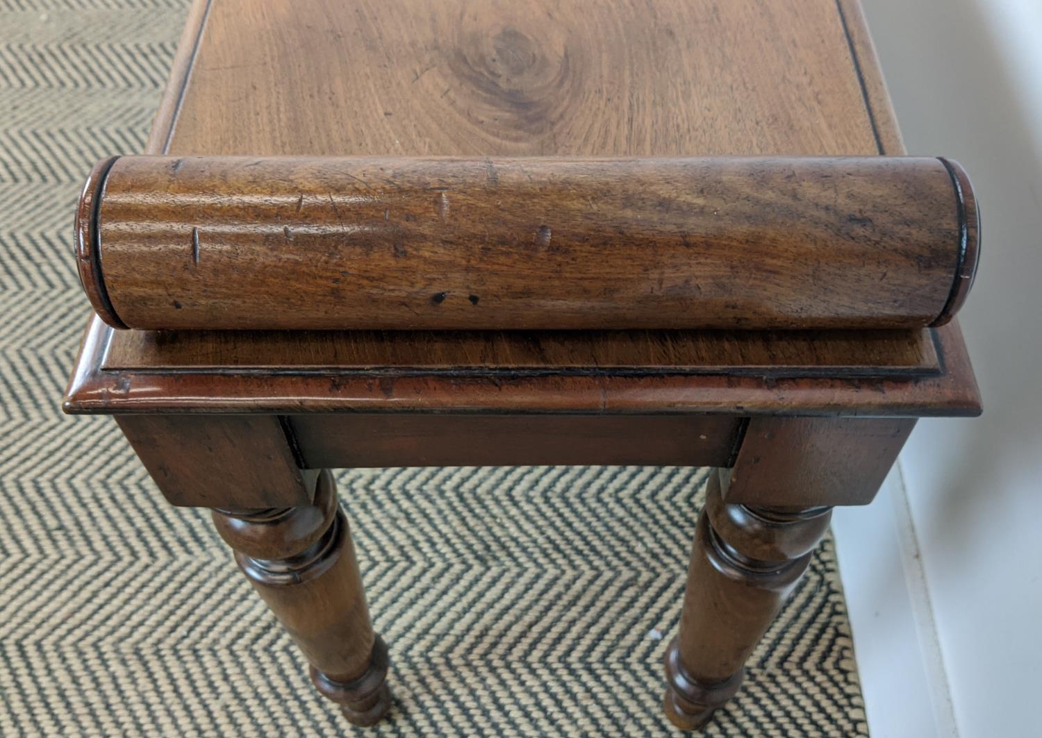 HALL BENCH, Victorian and later mahogany with turned supports, 113cm L x 32cm D x 52cm H. - Bild 10 aus 14