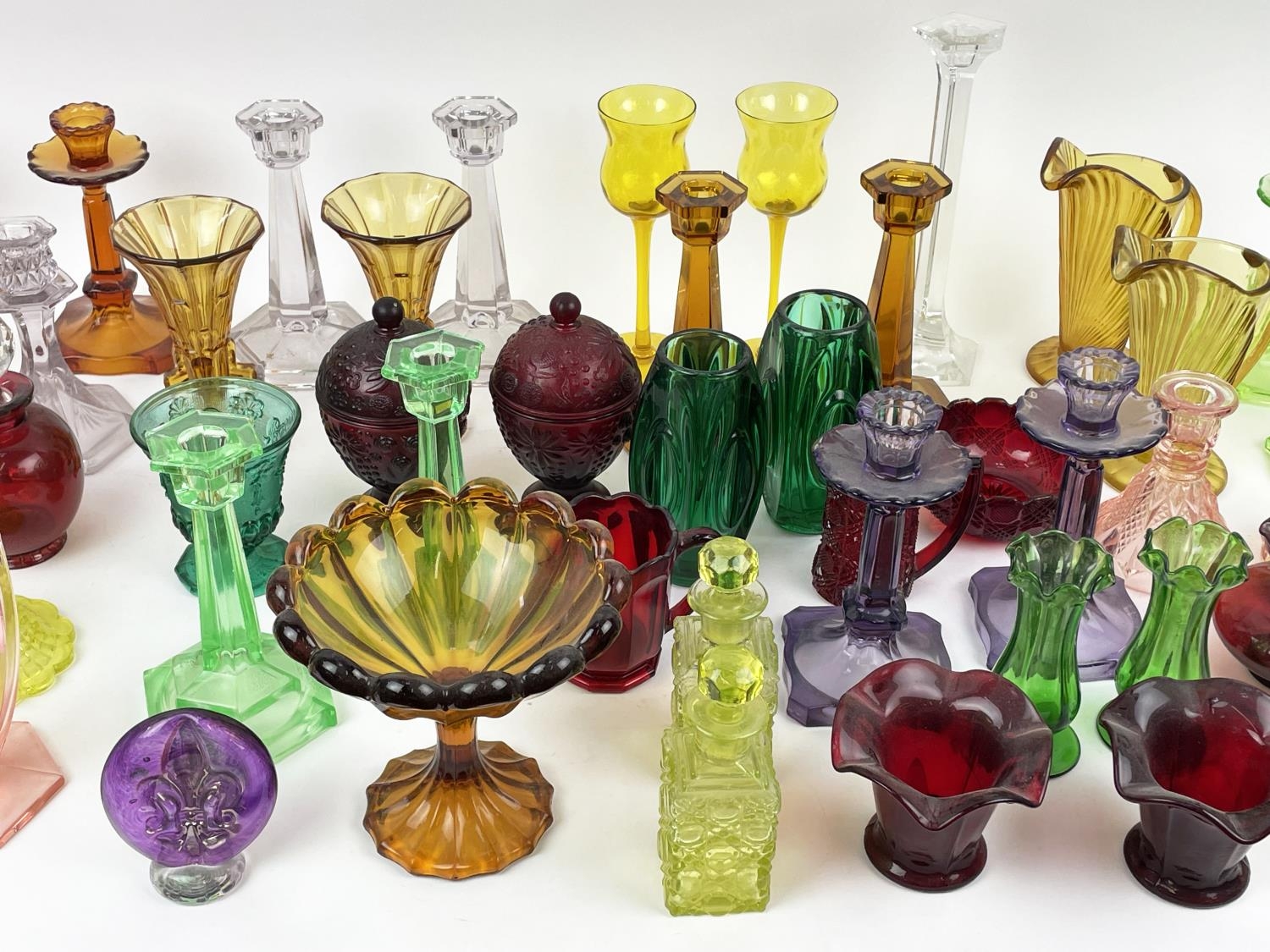 QUANTITY OF URANIUM GLASS, various items including pairs of candlesticks, jugs, lidded vases, - Image 6 of 12