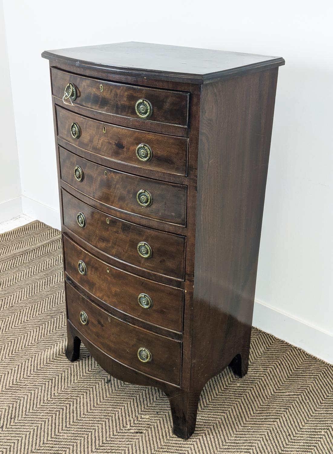 BOWFRONT NARROW CHEST, early 20th century Georgian revival mahogany with six drawers, 115cm H x 61cm - Image 3 of 10