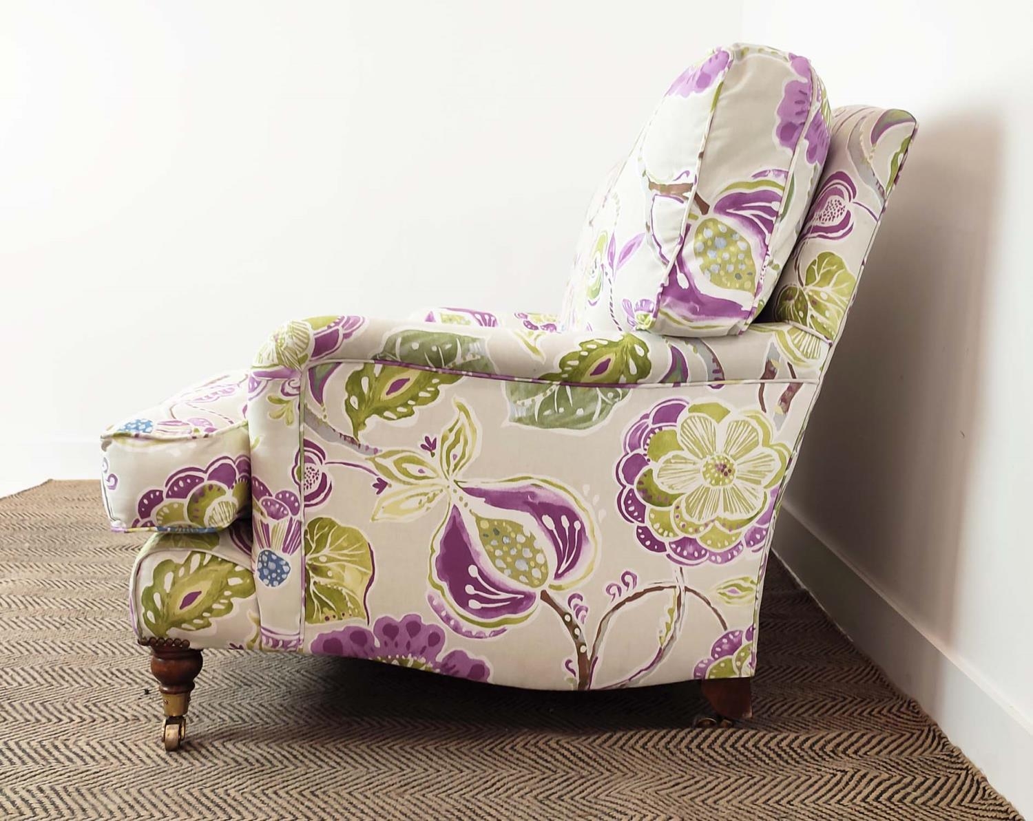 SOFA, purple and green floral patterned on brass castors, 90cm H x 160cm W. - Image 10 of 14