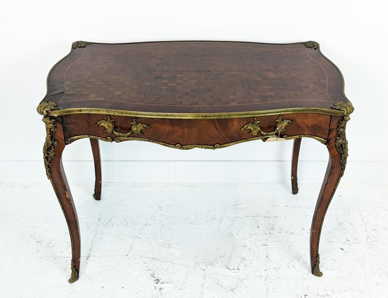 BUREAU PLAT, circa 1880, Louis XV style, French parquetry with ormolu mounts single long drawer - Image 4 of 22