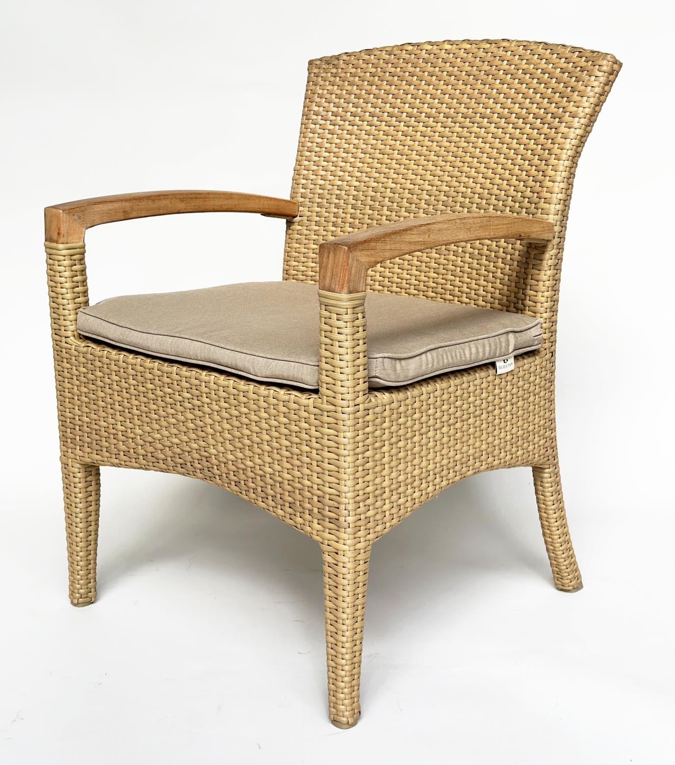 TERRACE/GARDEN ARMCHAIRS BY GLOSTER, a pair, all weather rattan woven and teak framed with cushions, - Image 4 of 11