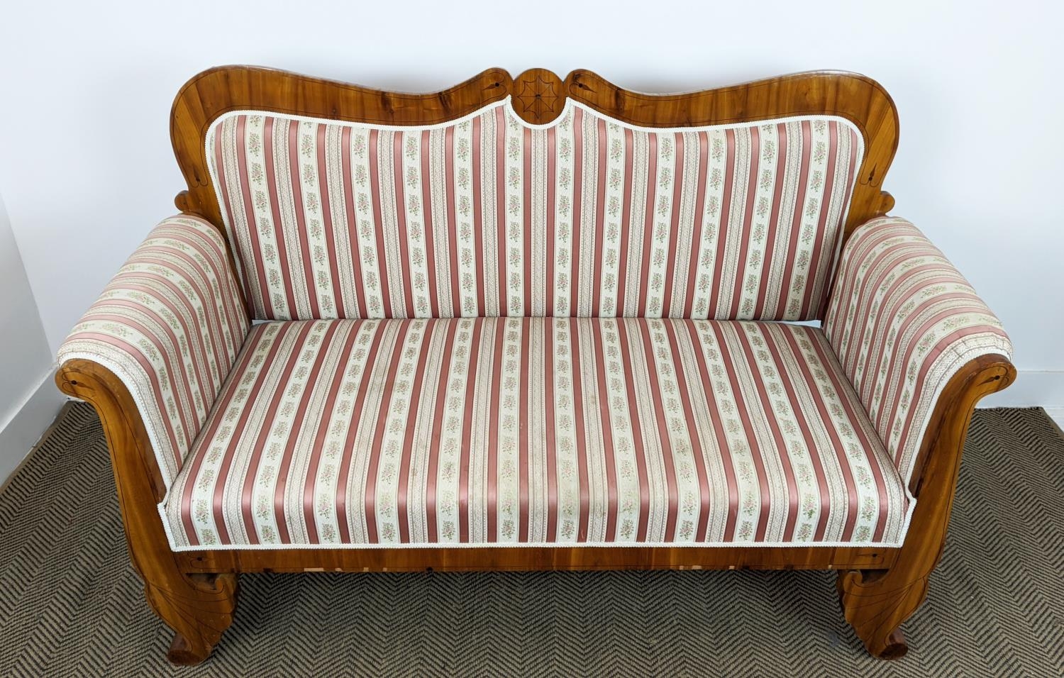 SOFA, Biedermeier cherrywood and line inlaid with pink striped upholstery, 104cm H x 168cm x 68cm. - Image 5 of 24