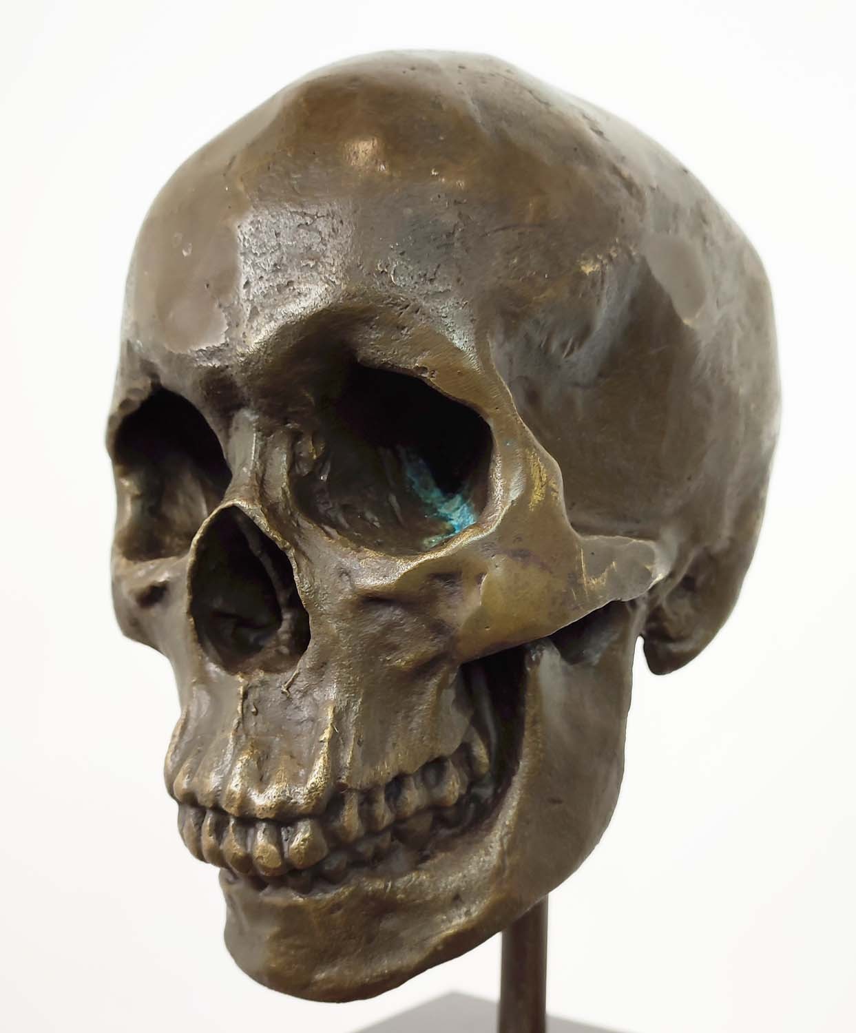 CONTEMPORARY SCHOOL SCULPTURE, bronze, of a skull on a black base, 36cm H. - Image 3 of 5