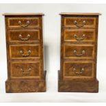 BEDSIDE CHESTS, a pair, George III style burr walnut and crossbanded each with four drawers, 40cm