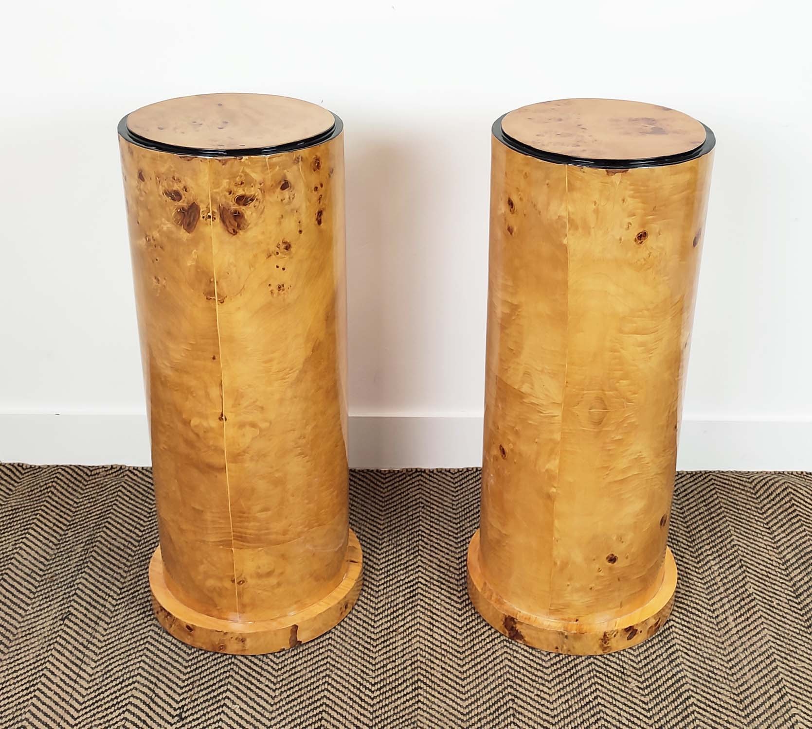 PEDESTAL PLINTHS, a pair, Art Deco style burr wood, 80cm H x 30cm. (2)