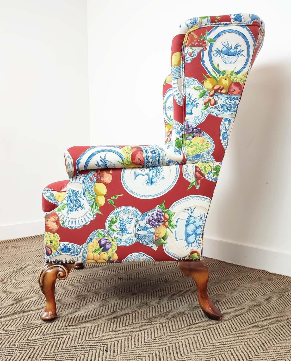 WING ARMCHAIR, Queen Anne style in Jane Churchill fruit bowl patterned fabric, 117cm H x 82cm. - Image 10 of 10