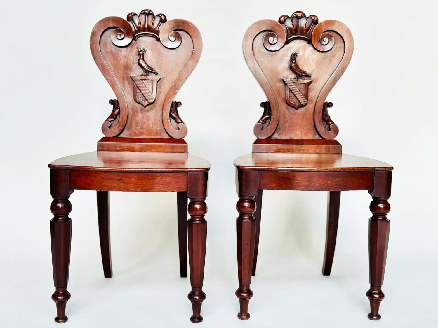 HALL CHAIRS, a pair, George III English Country House mahogany with carved armorial backs and - Image 3 of 14
