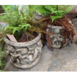 PLANTERS, a pair, composite stone, planted with ferns, 34cm H x 38cm W. (2)