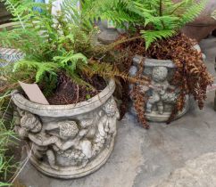 PLANTERS, a pair, composite stone, planted with ferns, 34cm H x 38cm W. (2)
