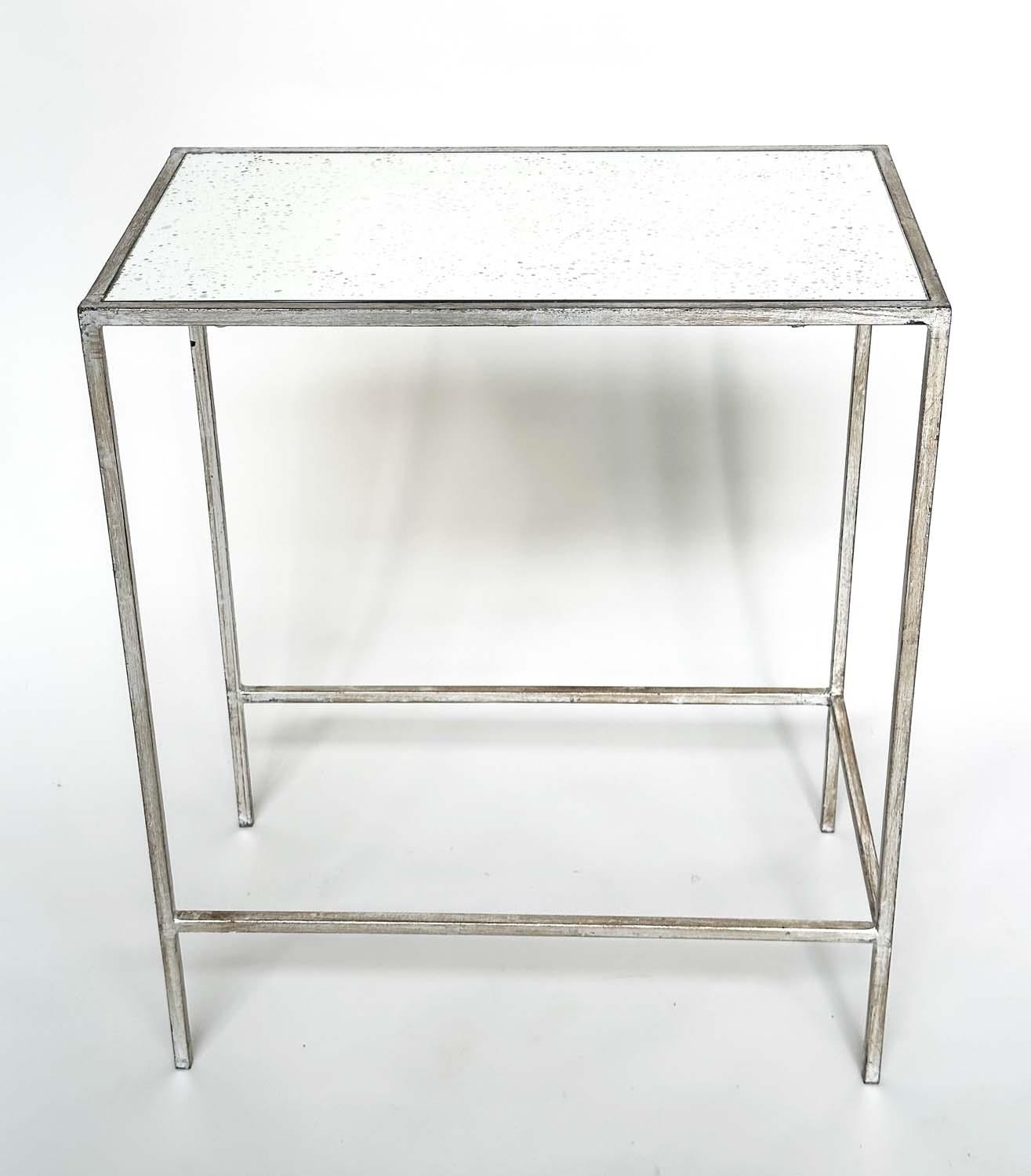 SIDE TABLES, a pair, French style, rectangular antique style leaf silvered metal framed and mirror - Image 5 of 6