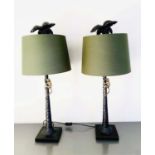 TABLE LAMPS, a pair, with shades, 86cm H, bases in the form of palm trees with a climbing monkey. (