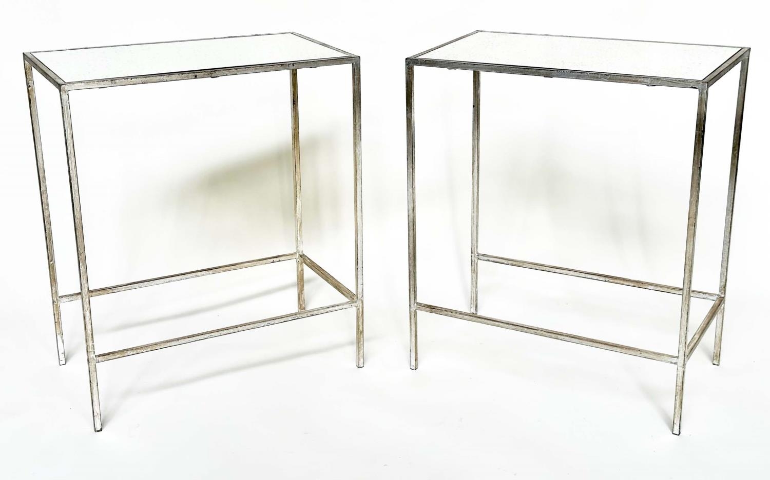 SIDE TABLES, a pair, French style, rectangular antique style leaf silvered metal framed and mirror - Image 3 of 6