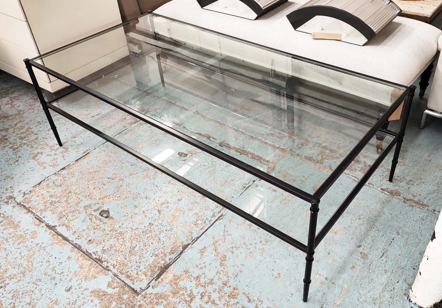 NEPTUNE CONISTON TABLE, 140.5cm x 70cm x 40.5cm, black painted metal, two glass tiers.