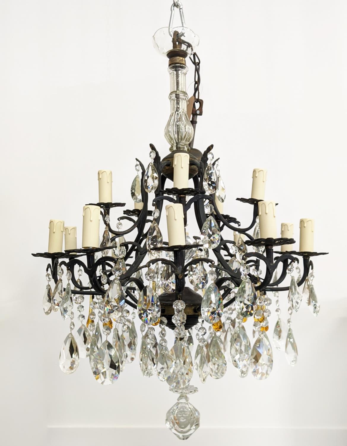 CHANDELIER, patinated metal with clear and amber glass drops from fifteen lights, 60cm W x 114cm - Image 7 of 18