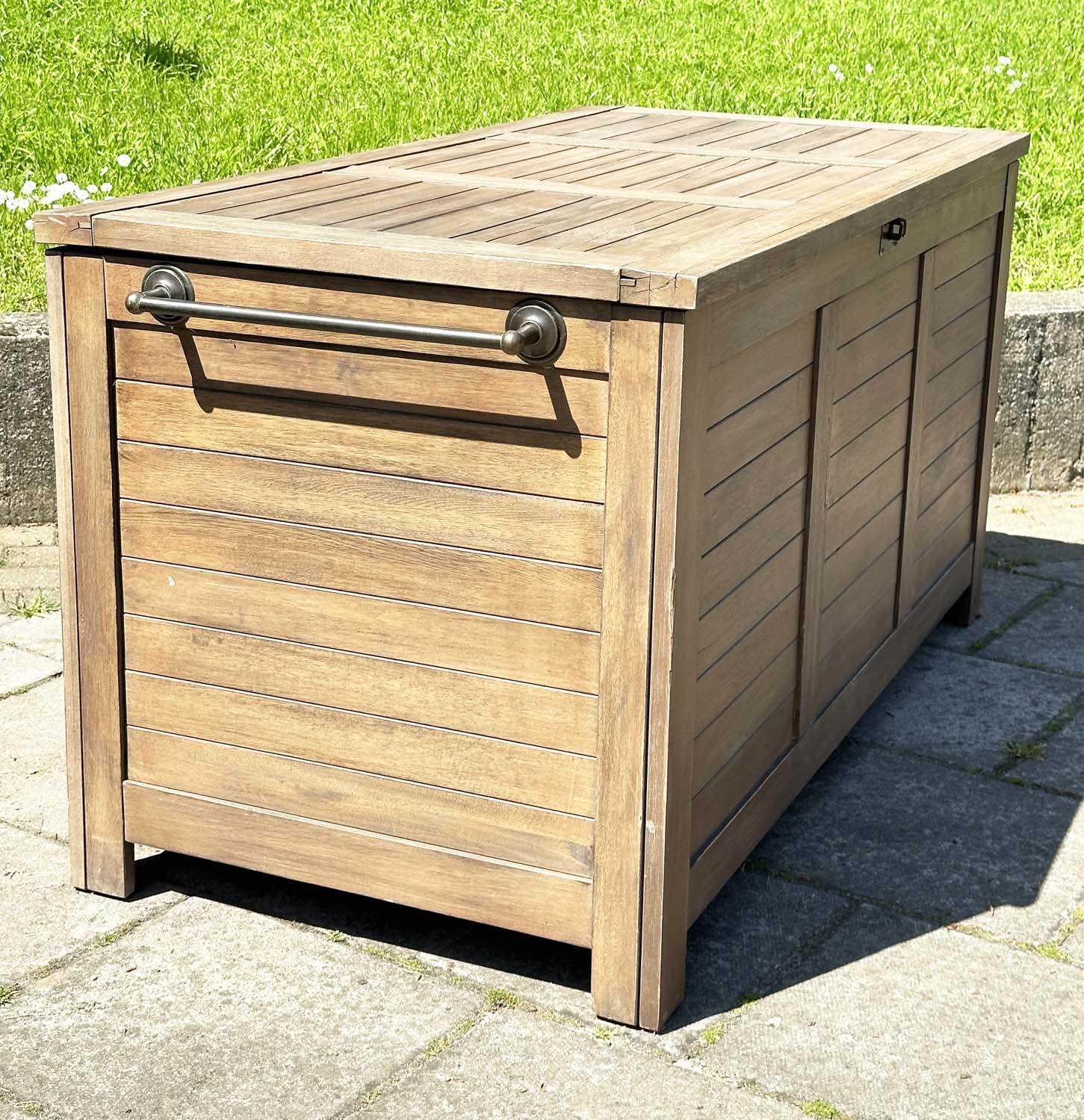 GARDEN STORAGE TRUNK, outdoor weathered teak with hinged lid and side handles, 85vm H x 138cm W x - Image 17 of 18