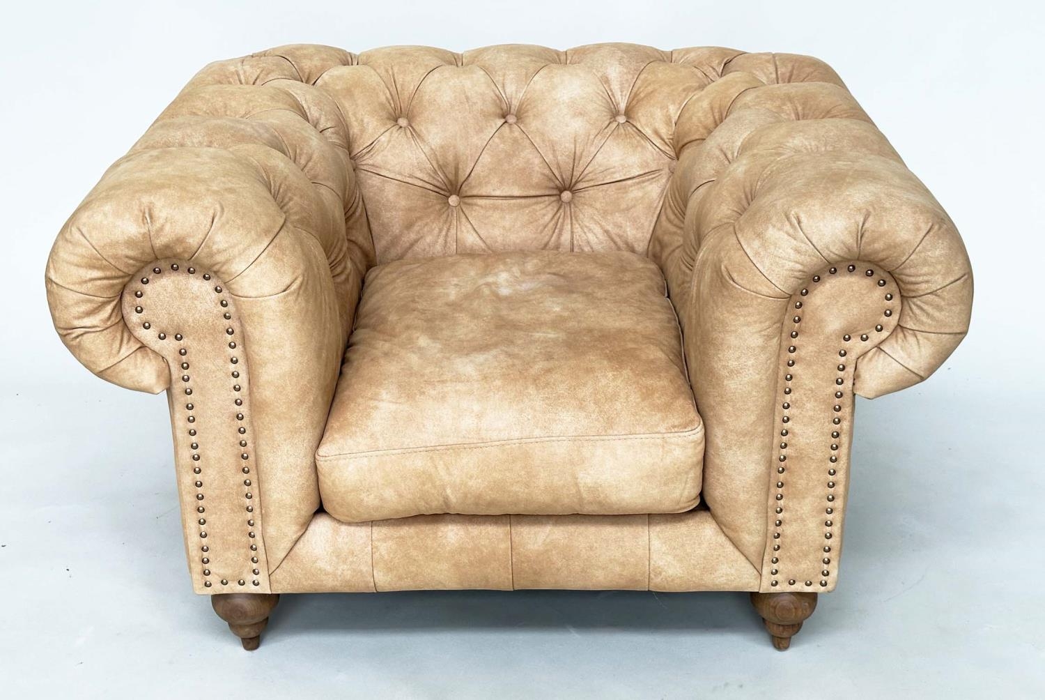 CHESTERFIELD ARMCHAIR, deep buttoned nubuck light tan leather with turned supports, 116cm x 73cm H. - Image 2 of 7