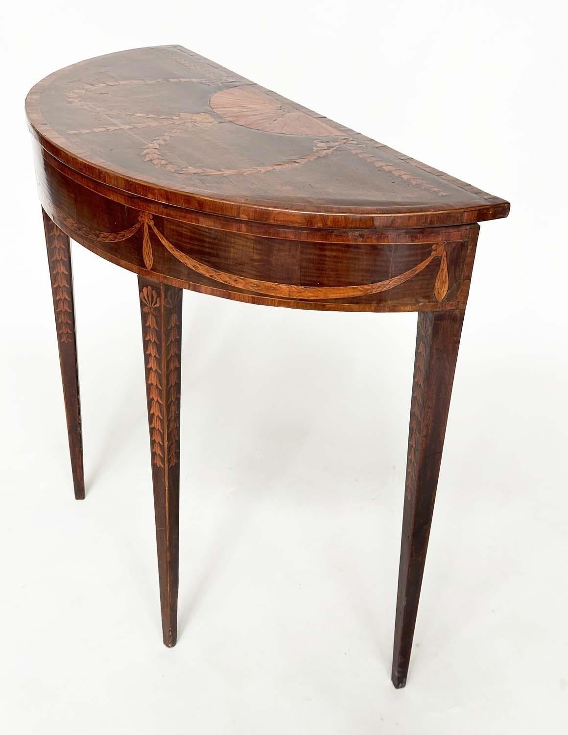 DEMI LUNE SIDE TABLE, George III, probably Irish, fiddle back mahogany and satinwood marquetry - Image 3 of 16
