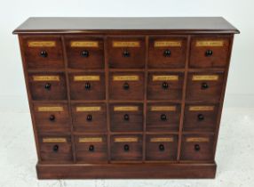 BANK OF DRAWERS, with sixteen drawers and vintage apothecary style labels, 89cm H x 104cm W x 27cm