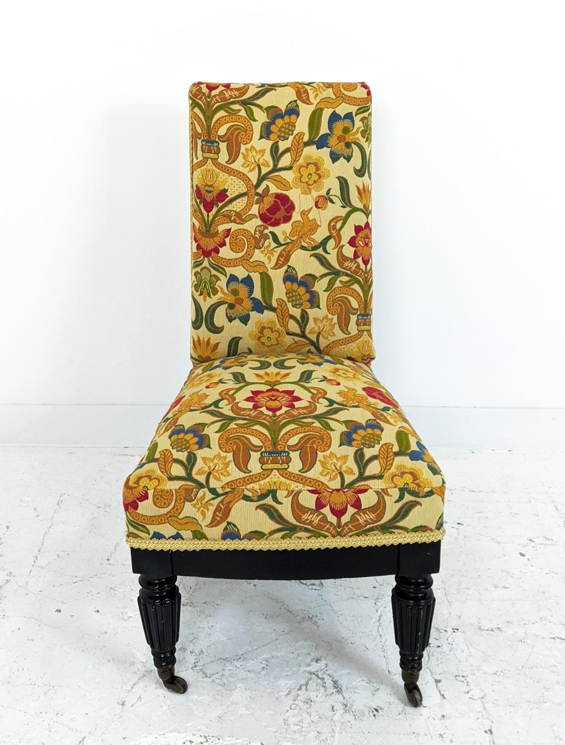 SLIPPER CHAIR, 19th century ebonised with William Morris patterned upholstery, 96cm H x 51cm W. - Image 2 of 18