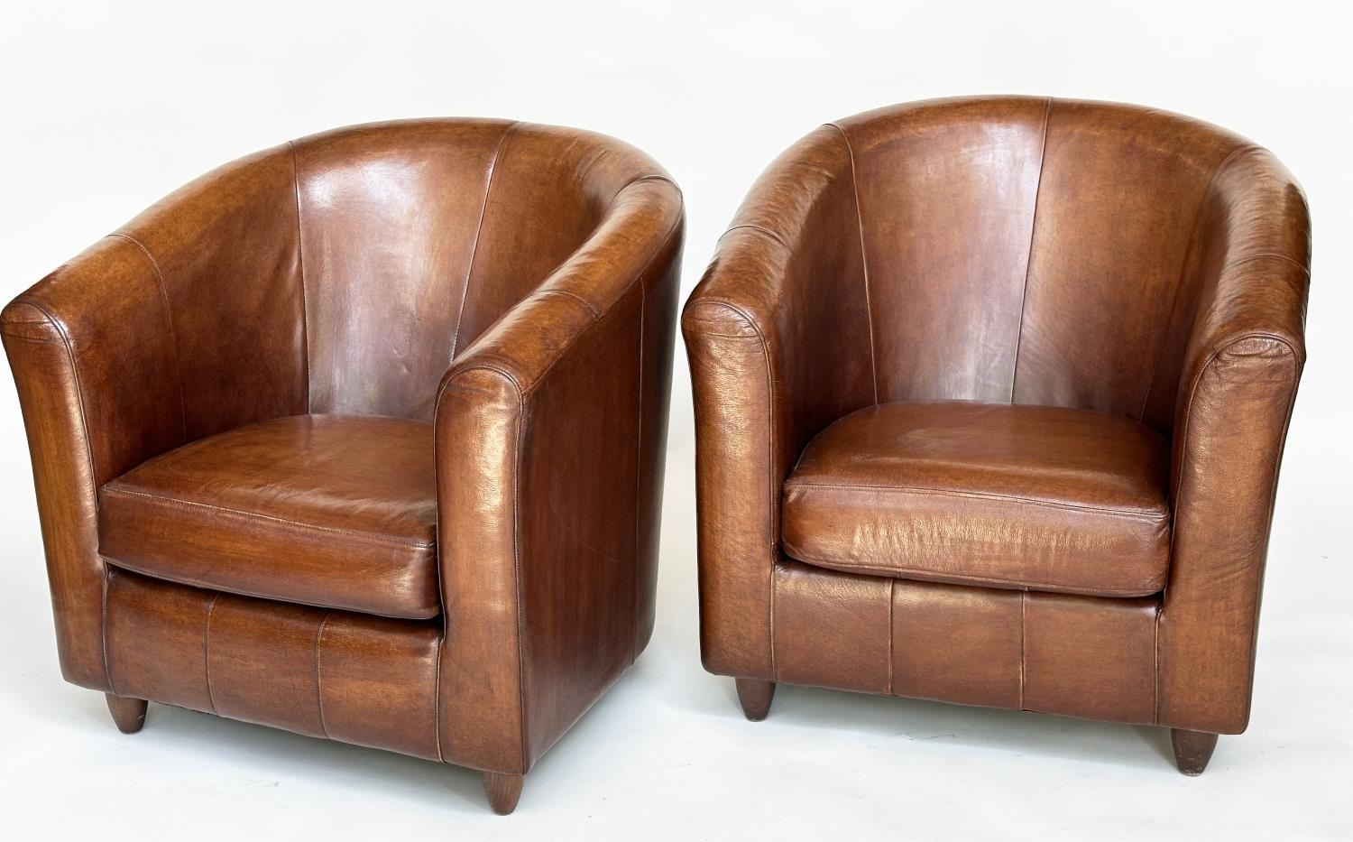 TUB ARMCHAIRS, a pair, natural soft mid brown leather upholstered with rounded backs, 78cm W. (2) - Image 3 of 12