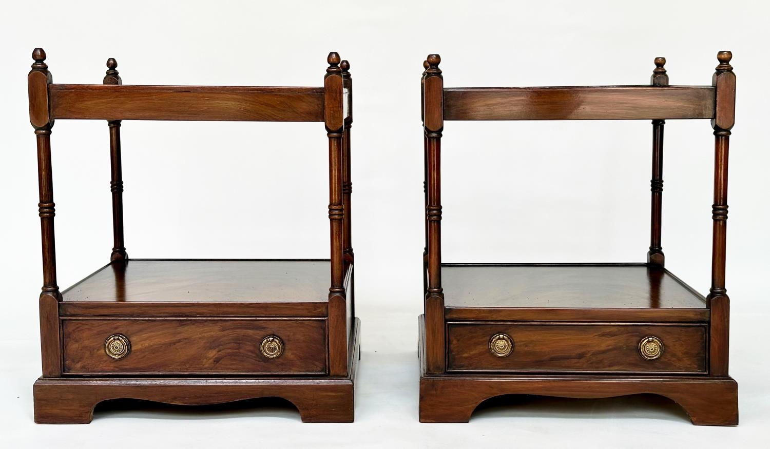 LAMP TABLES, a pair, George III design mahogany each with drawer and two tiers, 59cm H x 46cm W x