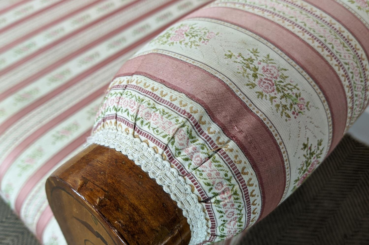 SOFA, Biedermeier cherrywood and line inlaid with pink striped upholstery, 104cm H x 168cm x 68cm. - Image 13 of 24