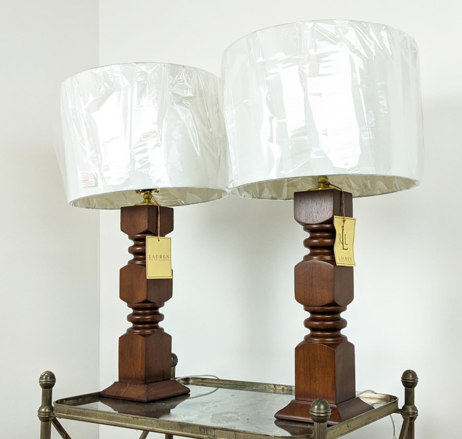 LAUREN RALPH LAUREN HOME TABLE LAMPS, a pair, carved wood, with shades, 68cm H approx. (2) - Image 2 of 5