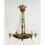 CEILING LIGHT EMPIRE STYLE, black metal and brass with acanthus leaf detail, 77cm W x 96cm H approx.