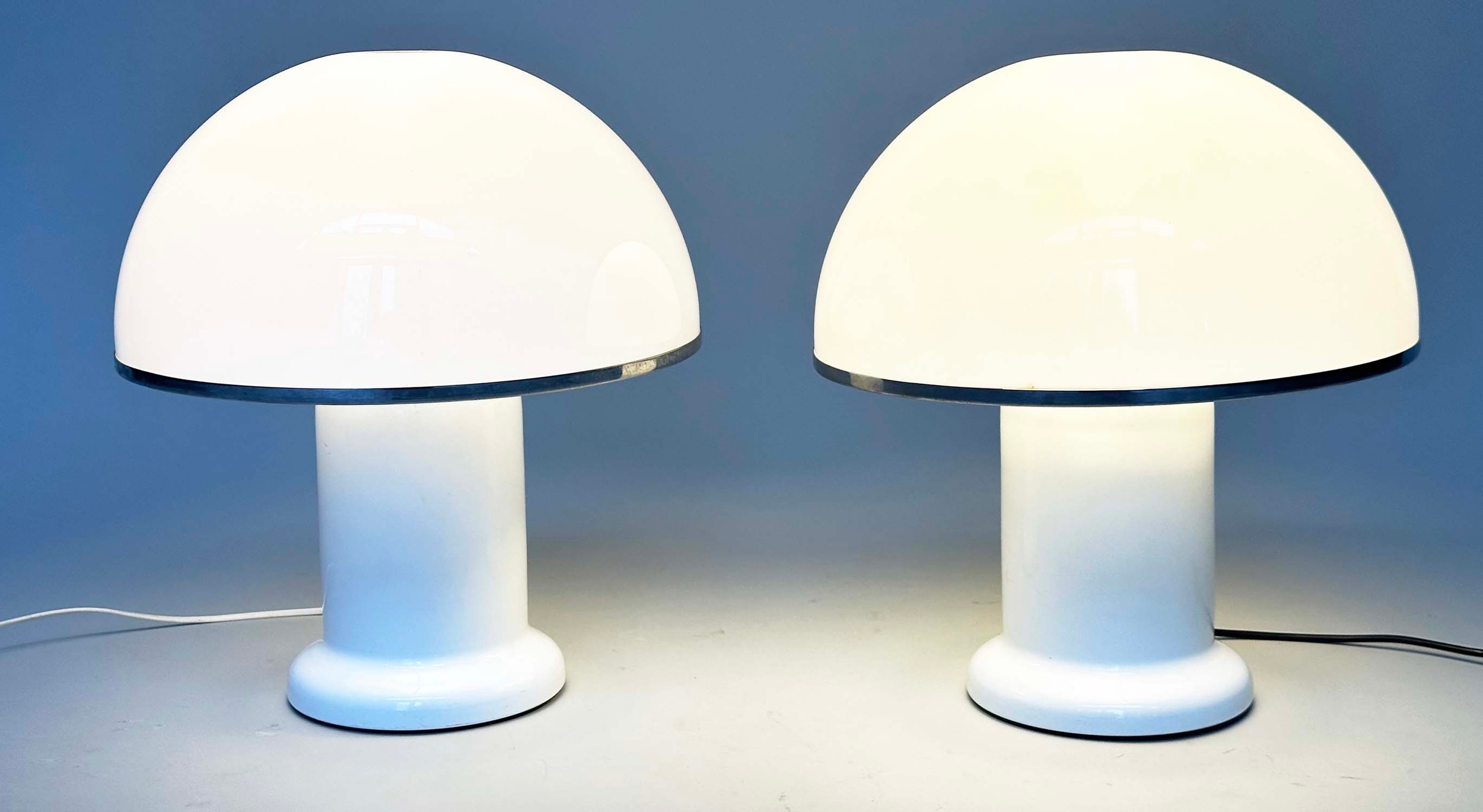 MUSHROOM LAMPS, a pair, opaque plexiglass shade and white body, 43cm H. (2) - Image 3 of 6