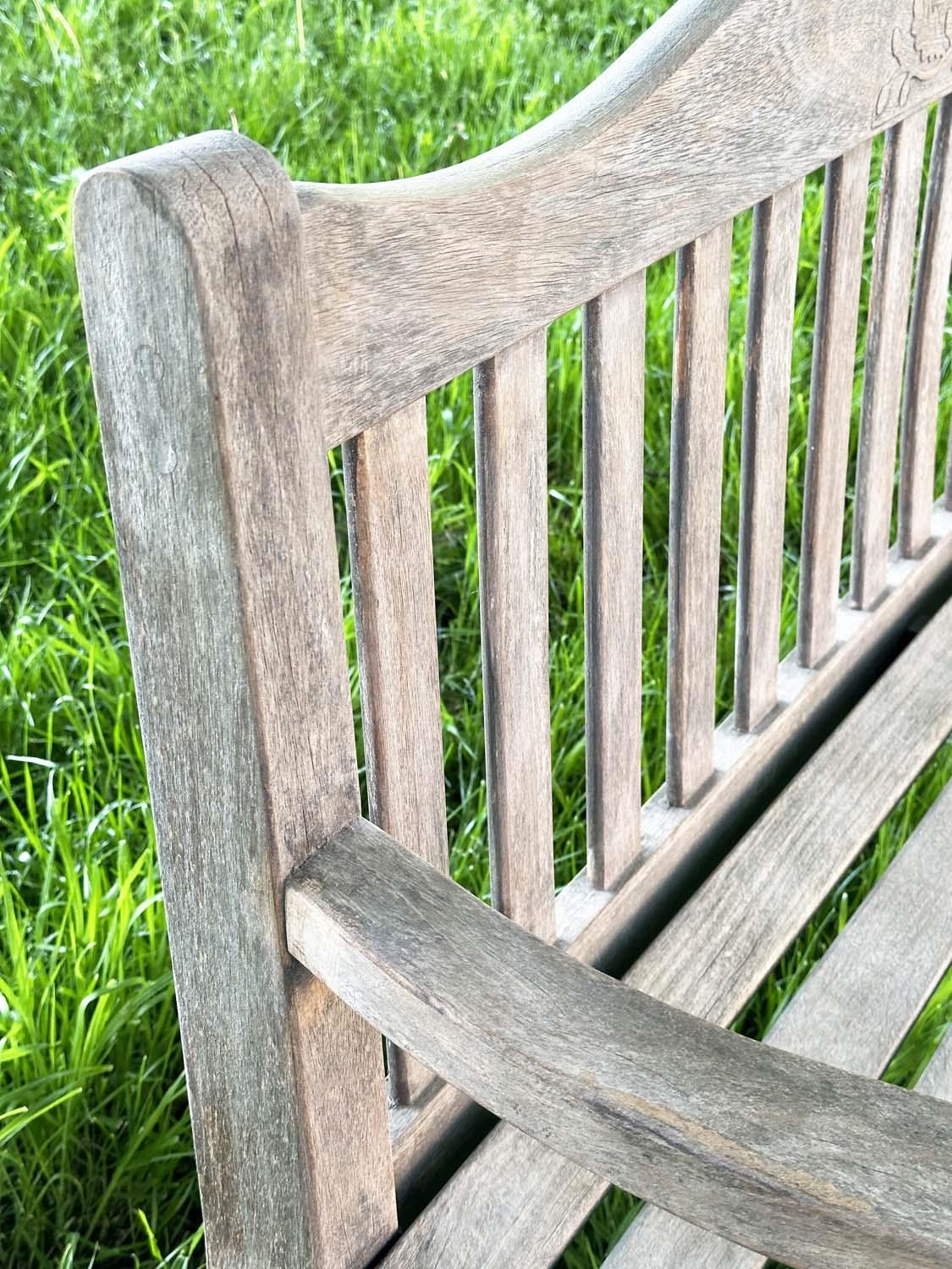 GARDEN BENCH BY 'BRIDGMAN AND CO', well weathered teak slatted with shaped yoke and shaped flat - Image 15 of 18